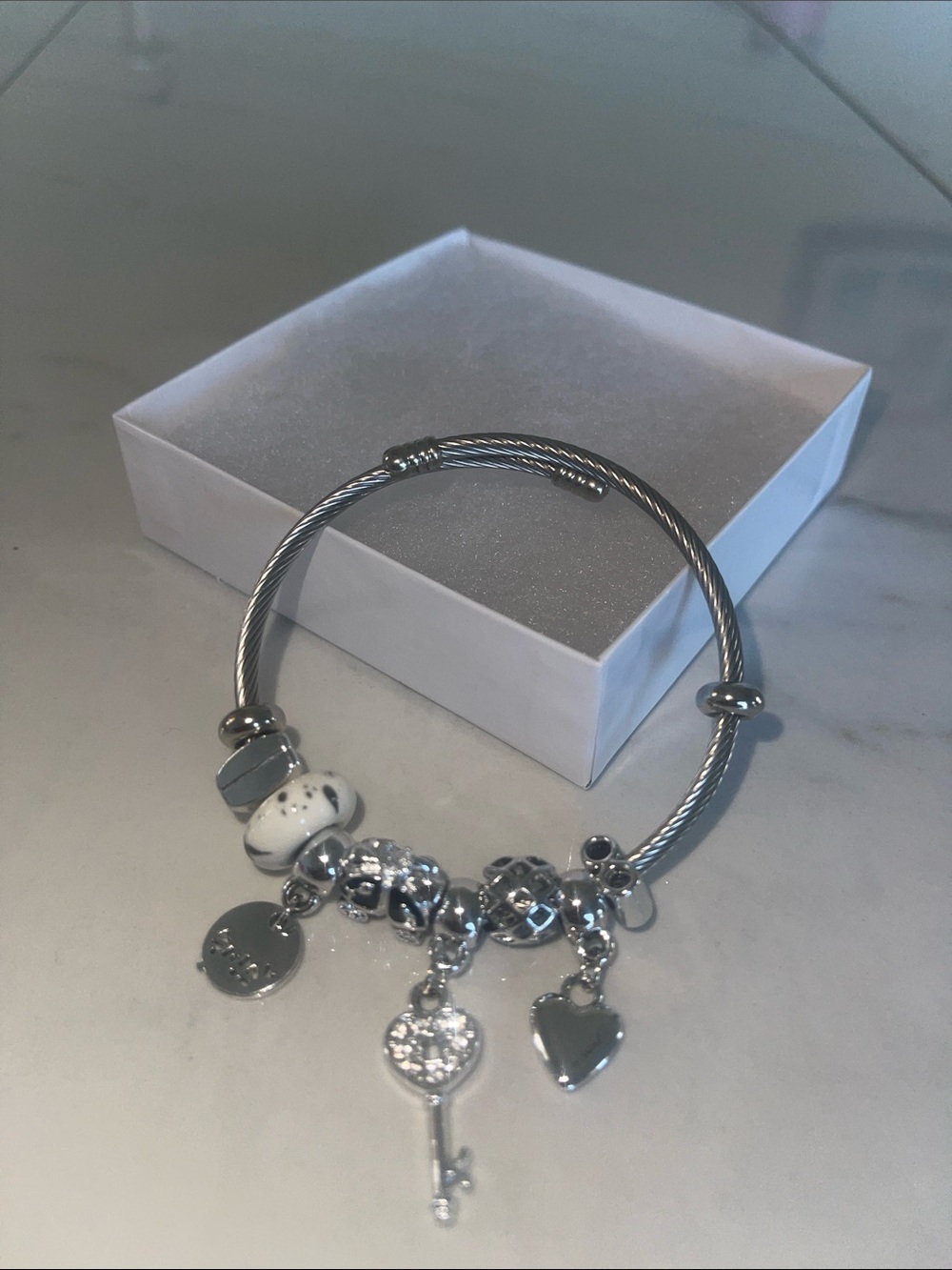 Pandora-Style Silver Charm Bangle Bracelet with Heart & Key Charms